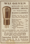 717306 Advertentie van het Agentschap Radio Heussen, Oudegracht 56 bij de Jacobibrug te Utrecht, voor radiolampen.